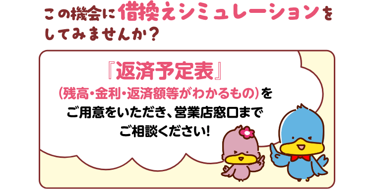 この機会に借換えシミュレーションをしてみませんか？ 「返済予定表」（残高・金利・返済額等がわかるもの）をご用意をいただき、営業店窓口までご相談ください！