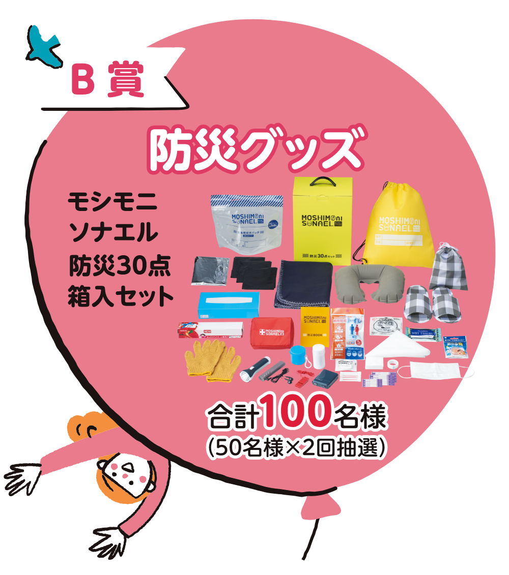 B賞 防災グッズ モシモニソナエル防災30点箱入セット 合計100名様(50名様×2回抽選)