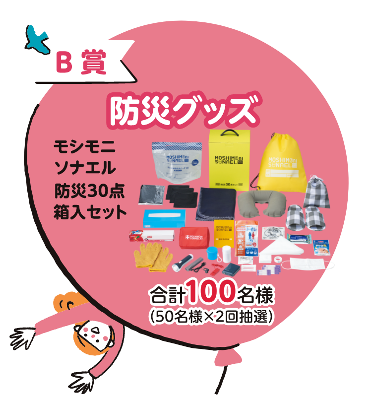 B賞 防災グッズ モシモニソナエル防災30点箱入セット 合計100名様(50名様×2回抽選)